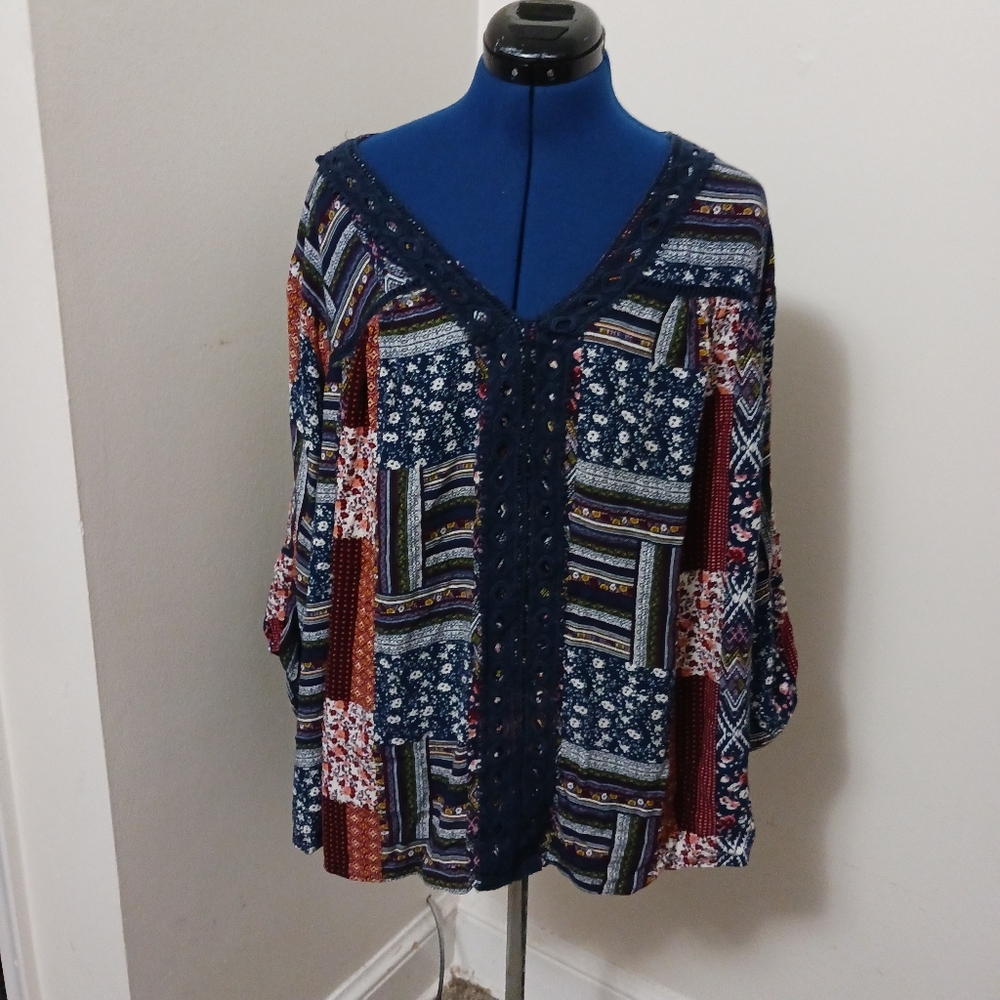 John paul Richards Womans Top Shirt Crochet Boho Patchwork 3X Blue